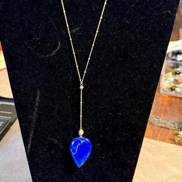 Gold tone Lariat Necklace set with huge genuine lapis lazuli pendant 17" + 4" - Picture 1 of 7